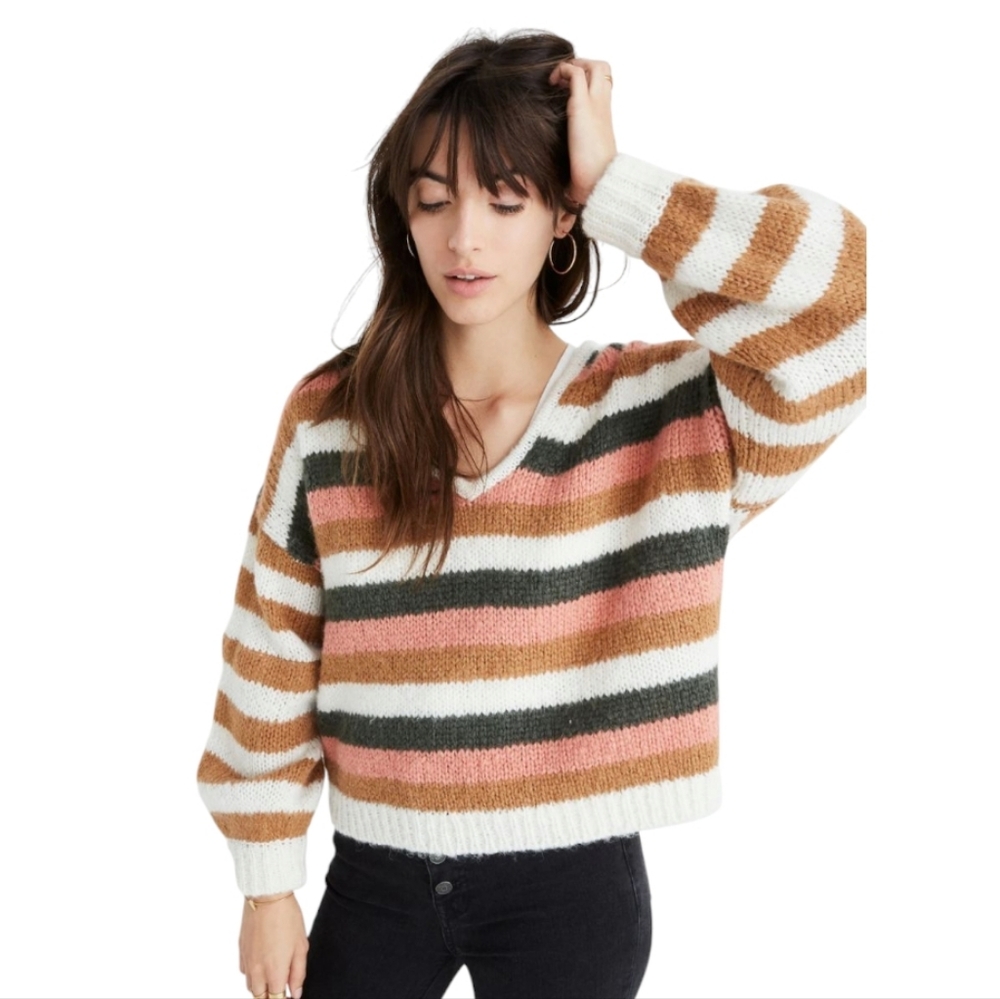 Madewell Balloon-Sleeve Pullover‎ Alpaca Blend Sweater in Stripe Mix XL